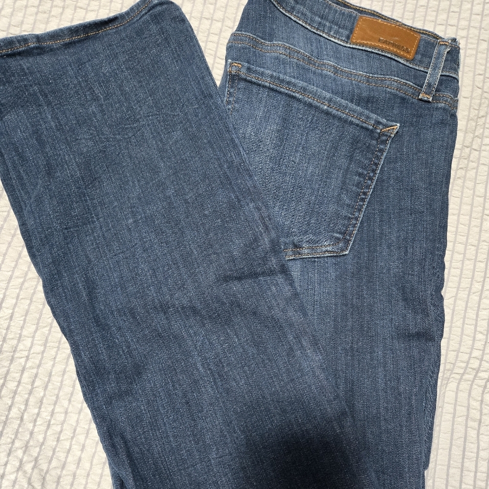 Express Women's Boot Cut Jeans in Medium Blue with Tan Leather Patch